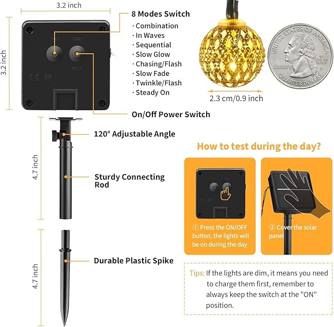 Solar Moroccan String Lights Outdoor 60 LED 36 Ft Globe Fairy Lights with 8 Lighting Modes, Waterproof Solar Powered String Lights for Garden Yard Gazebos Camping Party Holiday (Warm White)