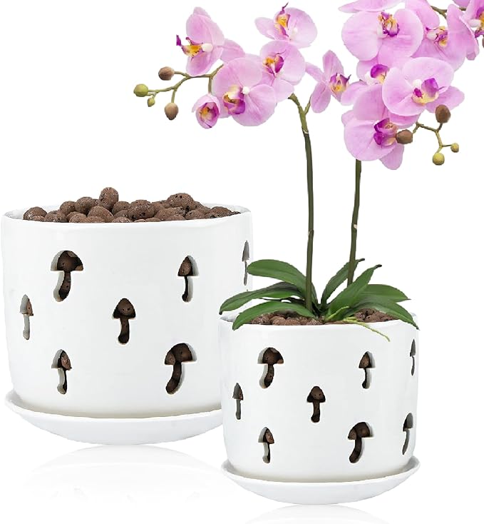 KERUITA Orchid Pots with Holes,5 inch + 6 inch Ceramic Planters Set of 2 with 2 Tray,White Flower Pot with Dancing Mushroom Shaped Vent, Enhanced Drainage and Ventilation