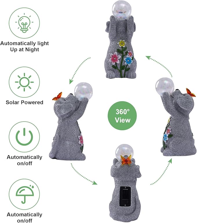 Solar Funny Dog Statue for Garden: Outdoor Sculptures with Ball Lights and Butterfly Clearance Lawn Ornaments Yard Porch Patio Balcony - Gifts for Mom Grandma