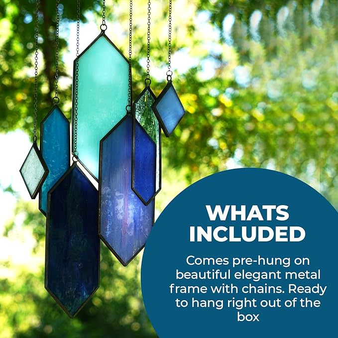 Stained Glass Window Hanging Sun Catcher - Blue Wall Art, Earth Tones Modern Design, Fully Assembled, Ready to Hang, Home or Garden Decor