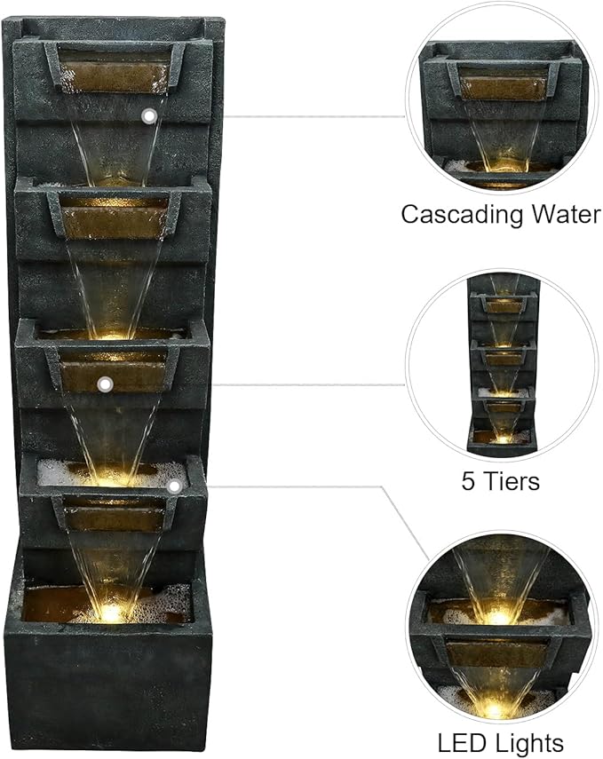 SunJet 4-Tiers Modern Cascading Indoor/Outdoor Fountains and Waterfalls with LED Lights - 39.3" High Large Water Fountain for Garden, Patio, Yard, and Deck Decor - Relaxing Water Fountain Outdoor