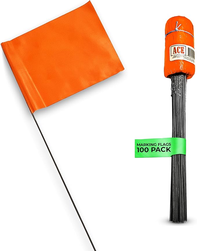 Fluorescent Orange Yard Marking Flags - 4x5x15 Inch Marker Flags - 100 Pack - Markers For Lawn, Irrigation, Landscaping, Survey & Sprinkler Head Marking