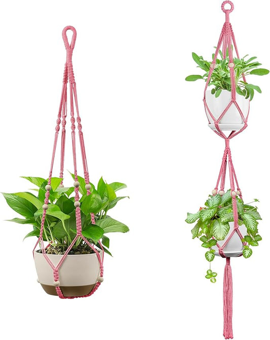 USLAI Macrame Plant Hanger Indoor Outdoor, Up to 4-15 inch Pot, Heavy 20lb Planters, Extra Long Strong Hanging Planter Basket Holder, Boho Home Decor, 35+49 Inch, Yellow (POTS NOT Included)