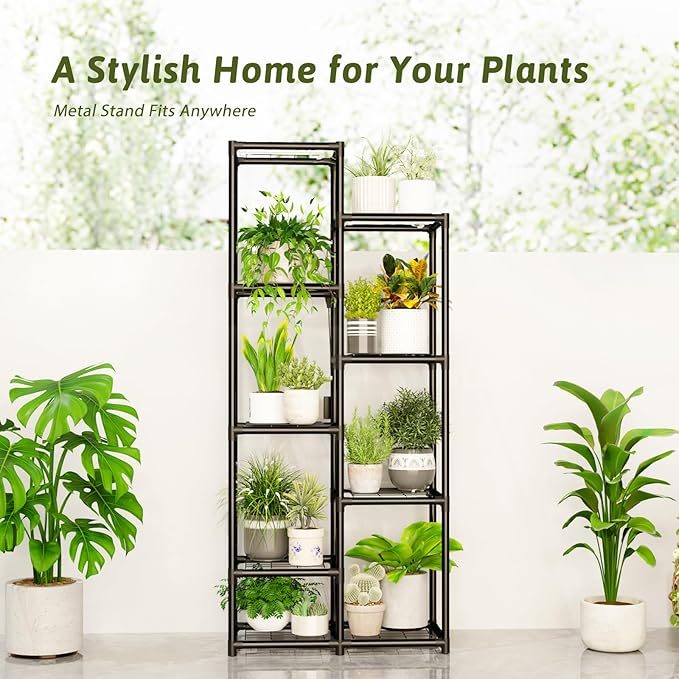 Plant Stand Indoor with Grow Lights Tall Plant Shelf Outdoor Plant Rack Metal Plant Holder Waterproof Black for Multiple Plants Table Flower Pot for Living Room Patio Balcony Garden