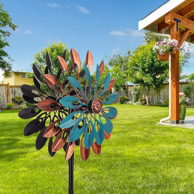 VEWOGARDEN 360° Outdoor Metal Wind Spinners Kinetic Wind Sculptures & Spinners for Yard Garden Lawn Patio Decorations, Blue & Bronze