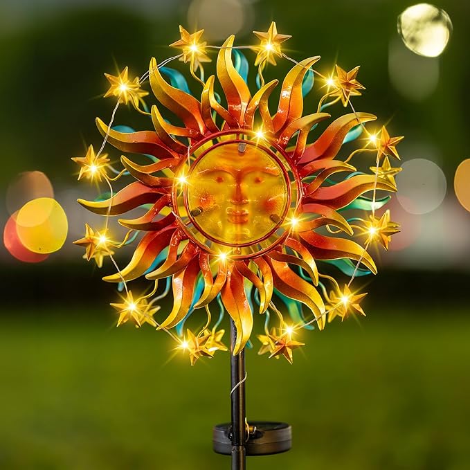 Solar Wind Spinners for Yard and Garden - 60.3 Inch 360° Metal Sun Wind Sculptures Outdoor Clearance Kinetic Windmills with Vine String Shining LED Lights for Patio, Lawn Xmas Garden Decoration
