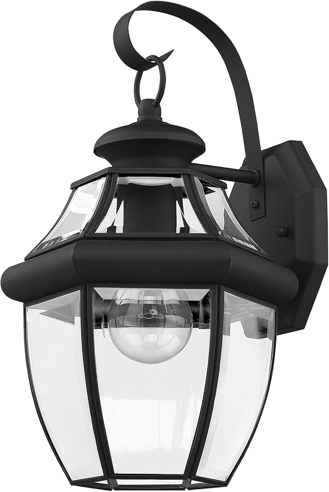 Livex Lighting 2151-04 Monterey 1 Light Outdoor Black Finish Solid Brass Wall Lantern with Clear Beveled Glass, 13" x 8.5" x 8.25"