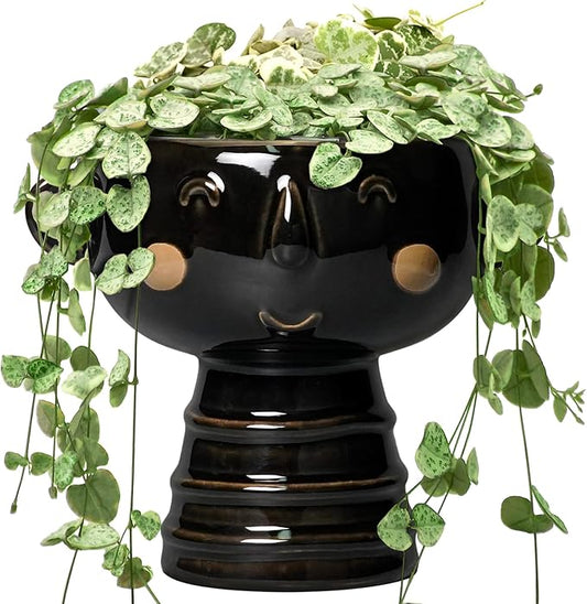 Face Planter - 7 Inch Ceramic Head Planters for Indoor Plants Outdoor, Cute Succulent Pots with Drainage Hole, Decorative Plant Pot, Home Office Room Decor, Black