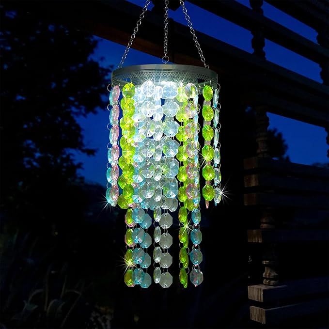 Hanging Solar Lantern Outdoor, 2 Tiers 21” Solar Multicolor Acrylic Beaded Chandelier with Cool White LED S Hooks for Garden Yard Patio Gazebo Outside Decor