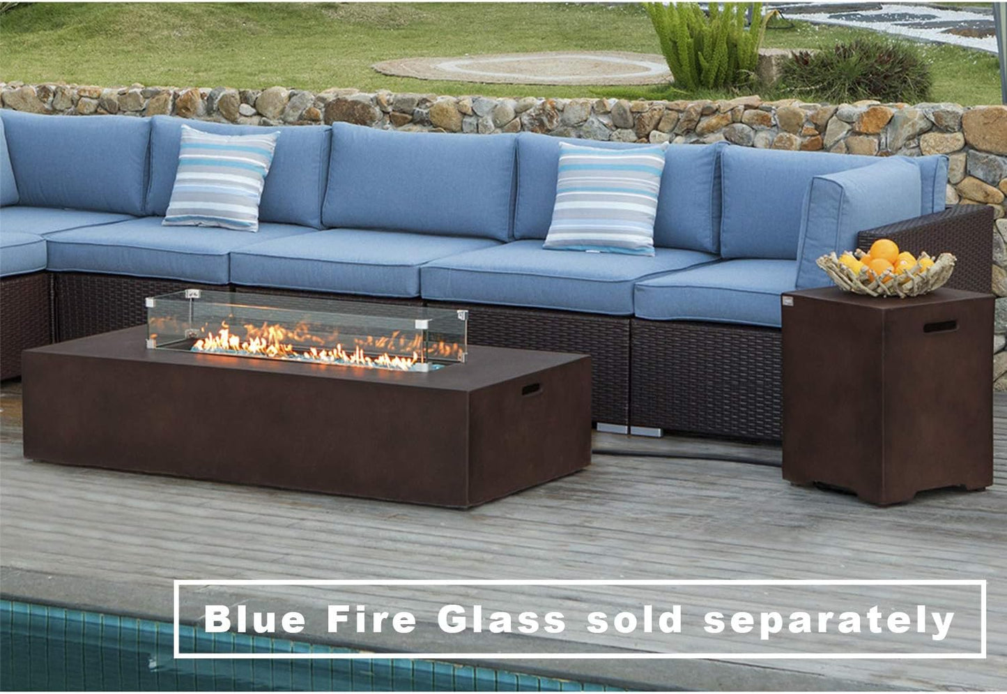 COSIEST 2-Piece Outdoor Propane Fire Table Set, Rectangle Concrete 56" x 28" Bronze Fire Pit (CSA Certified, 50,000 BTU) w 20lb Tank Table, Wind Guard, Waterproof Cover for Garden, Porch, Backyard