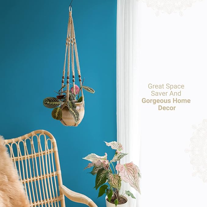 Mkono Macrame Plant Hanger Indoor Jute Hanging Planter Basket with Wood Beads Decorative Flower Pot Holder No Tassels for Indoor Outdoor Boho Home Decor 35 Inch, Brown, Set of 2 (POTS NOT Included)