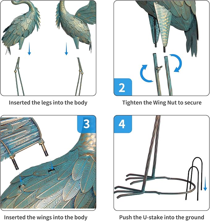 Crane Statues for Outdoor, Metal Heron Garden Statues Bird Yard Art, Standing Sculptures for Yard Lawn Pond Garden Decor, 38-42 Inch Set of 2, Cyan