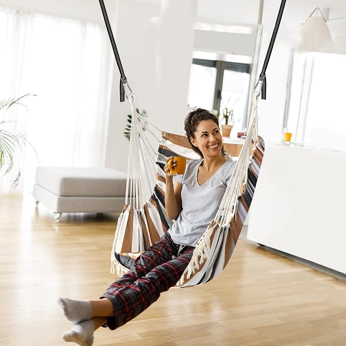 Chihee Hammock Chair Hanging Swing 2 Pillows Included,Strong Webbing Straps and Hooks for Easy Hanging Soft Cotton Hanging Chair Side Pocket Tassel Chair Comfort Indoor Outdoor Brown Stripes