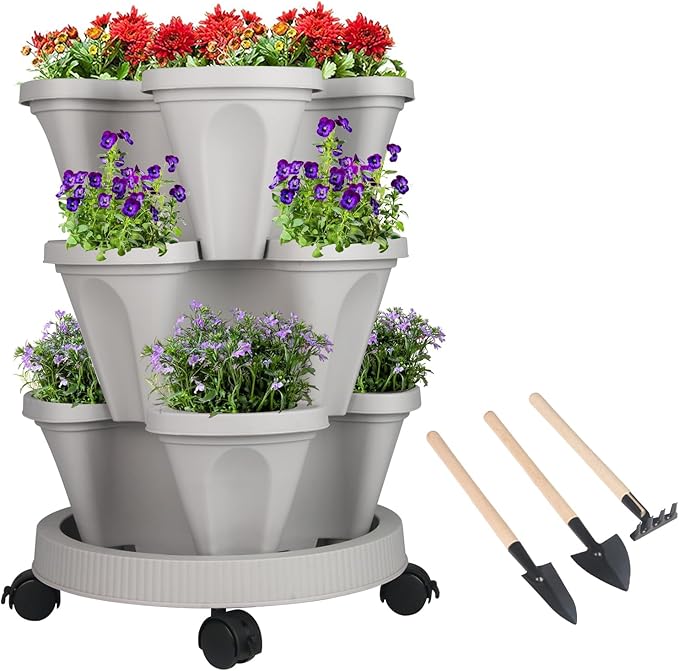 Vertical Planter 3 Tier Stackable Planters Garden Planters Strawberry Herb Flower and Vegetable Planter Indoor Outdoor Gardening Pots with Removable Wheels and Tools