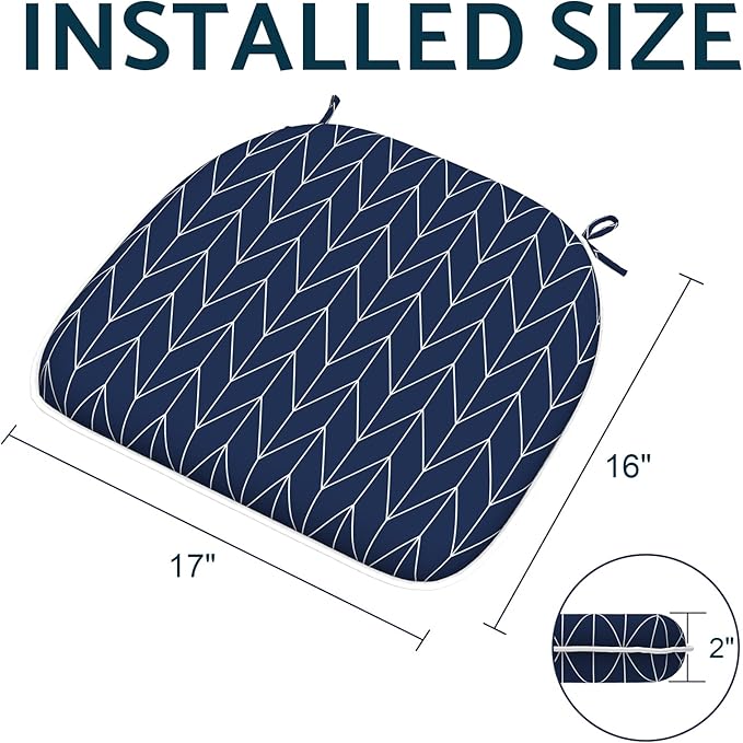 Indoor/Outdoor Chair Cushions 16x17 Inch, Patio Chair Cushions with Ties, All Weather Seat Cushions for Patio Furniture Home Garden Chair Use, Set of 4, Herringbone Navy