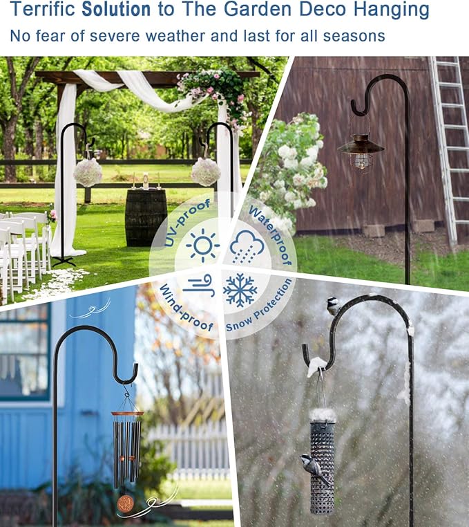 108 inch Outdoor Shepherd Hook with 5 Prong Base (2 Packs), Adjustable Heavy Duty Garden Hanging Stake for Bird Feeder Solar Light Plant Hanger Wedding Decor, Matte Black