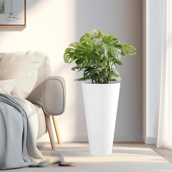 Kante Tall Round Planter Set of 2, 23 Inch Tall Decorative Planter Pots for Outdoor Indoor Garden Patio Front Porch (White)