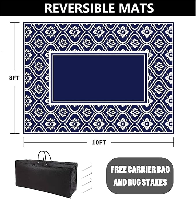 Outdoor Rug 8x10 Patio Camping Carpet Waterproof Mat Blue Outside Plastic Area Rug Reversible Rugs for RV Deck Entryance Porch Picnic Balcony Beach(8x10ft Navy Blue&White)