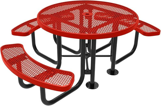 Heavy-Duty Portable Outdoor Picnic Table with Umbrella Hole, Expanded Metal Patio Dining Furniture Made in America (46" Round Top, Red)