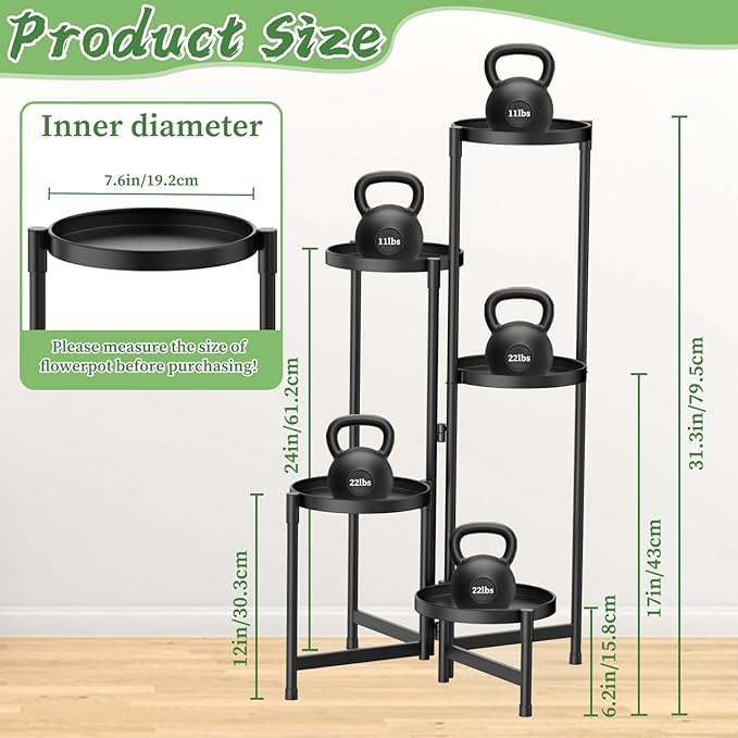 MOKANI Metal Plant Stand Indoor Outdoor for Multiple Plants, 5 Tiered Folding Corner Shelf Tall Flower Pot Holder Display Rack for Patio Living Room Balcony Garden, Black