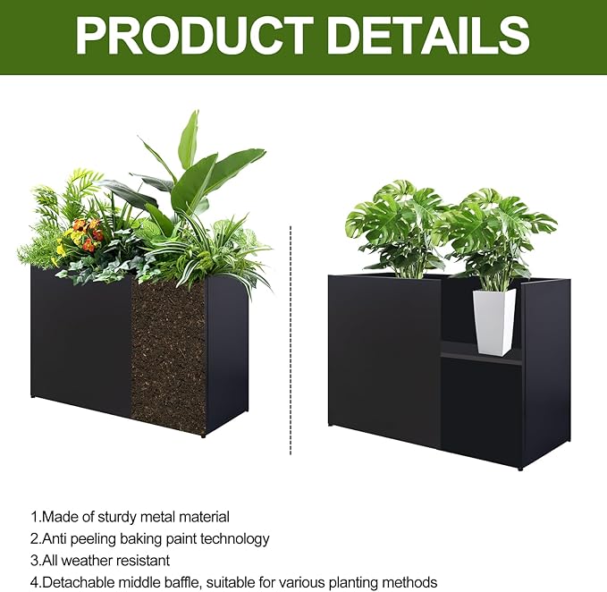 Metal Planter Box Rectangular Block - Galvanized Steel Long Box Planter Modern Outdoor Planters All-Weather Use with Drainage Holes for Patio/Porch, 35.5×24×12IN