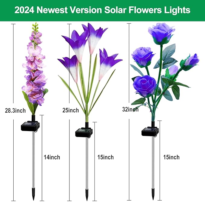 Solar Garden Lights Waterproof, 3 Pack Solar Flowers Lights Includes Lily Rose Delphinium,Gardening Gifts for Mom Grandma Women ,7-Color Changing Outdoor Decor Solar Lights for Garden Yard Patio Lawn