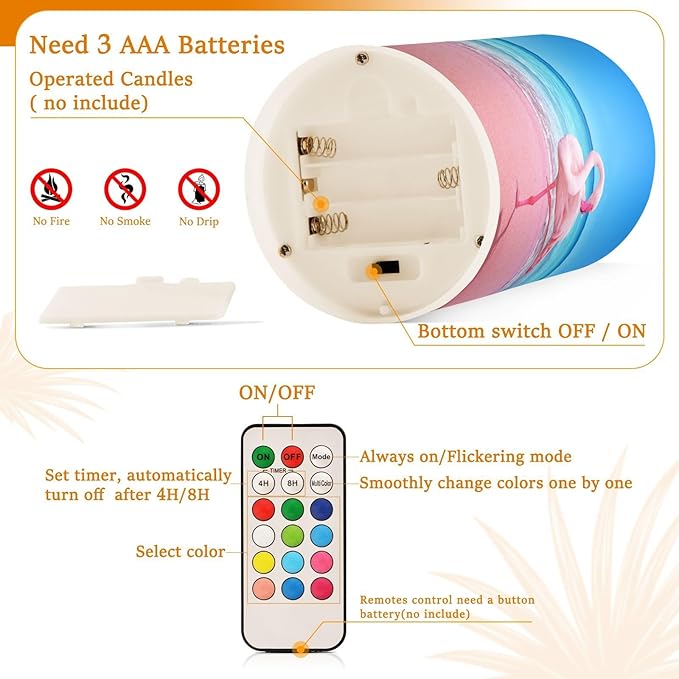 Flickering Flameless Candles, Pink Flamingo on Beach LED Candles with Remote Timer, Set of 2 Battery Operated Candle for Valentine Wedding Birthday