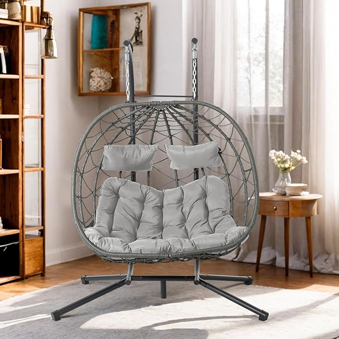 2 Person Double Egg Swing Chair with Stand Indoor Outdoor, Hammock Egg Chair Outdoor, Patio Wicker Hanging Egg Chair w/Cushion 700LBS Capacity for Bedroom, Balcony, Garden, Grey
