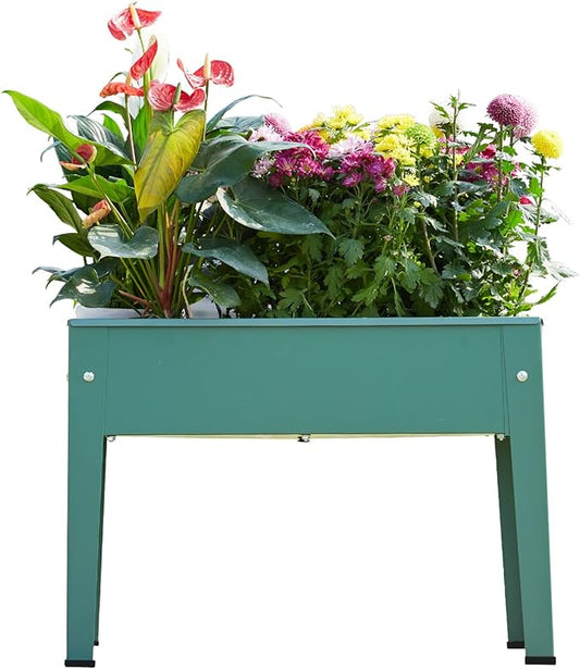 Raised Garden Bed, Elevated Planter Green Metal Plant Box with Legs Standing Garden Stand Drainage Holes Green(Green 24" L x 11" W x 18" H)