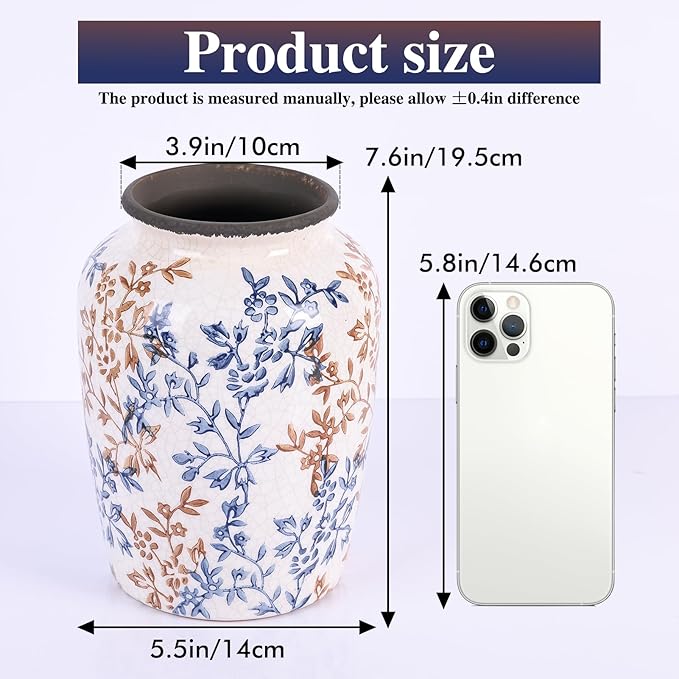 Vintage Vase for Flowers,Blue Chinoiserie Ceramic Vase,Rustic Farmhouse Cracked Vases,for Flower Arrangement,Living Room, Office, Shelf, Fireplace Tables,Centerpieces,Chinoiserie Pottery Decor(C)