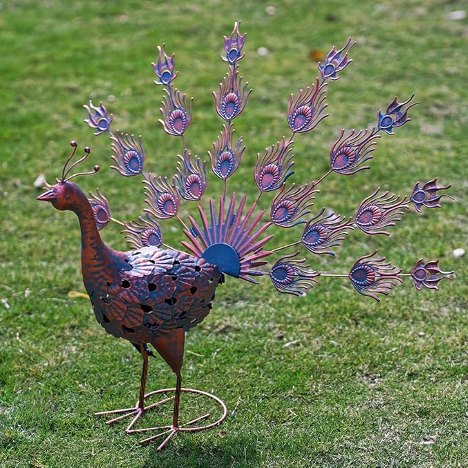 VEWOGARDEN Peacock Outdoor Statues Metal Peacock Tail Spread Garden Sculptures & Statues for Yard Lawn Patio Pool Outside Decorations, Blue & Bronze