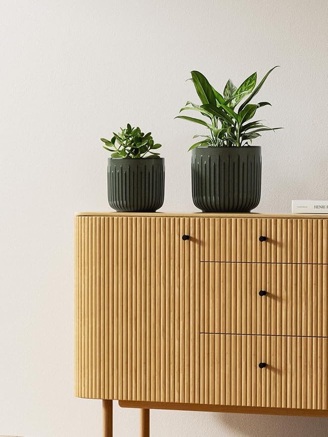 LE TAUCI Ceramic Planters for Indoor Plants, 8.3+6.9+5.7 inch Plant Pots with Drainage Holes, Cylinder Flower Pot for Indoor House Plant, Set of 3, Glaze Dark Olive