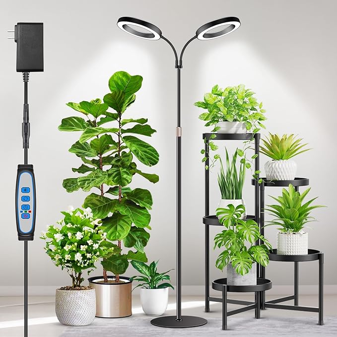 Large Plant Light for Indoor Plants, 2 Head Full Spectrum Grow Light with 68" Adjustable Stand for Growing Large Tall Plants, Black Halo Floor LED Grow Lamp with 16 Hour Timer