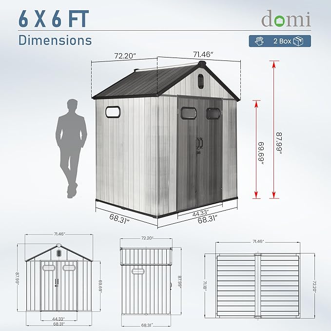 Domi 6x6 FT Outdoor Resin Storage Shed, All-Weather Double-Wall Storage Building for Backyard, Garden, Lawn Tools, Mower, Bike & Pool Equipment, Lockable Doors, Ventilated Roof, Grey