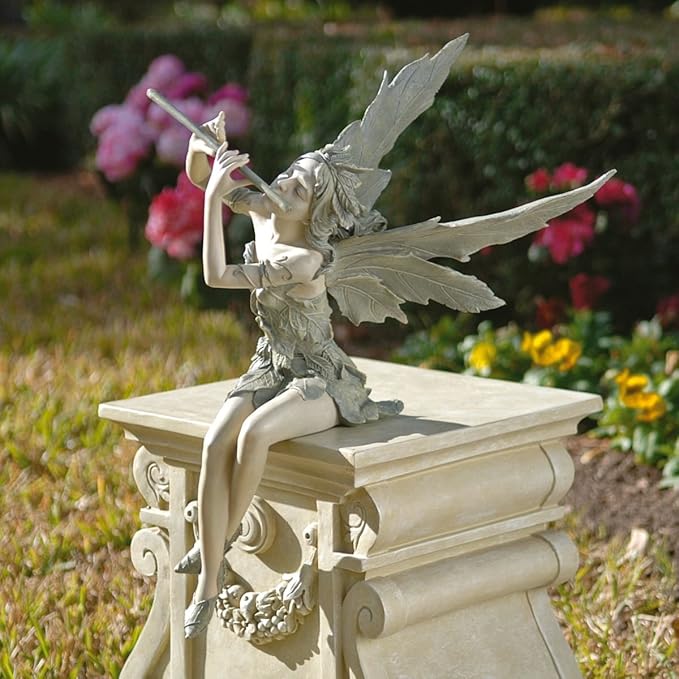 Design Toscano CL95276 Fairy of The West Wind Sitting Garden Statue, 19 Inch, Set of Two, Two Tone Stone