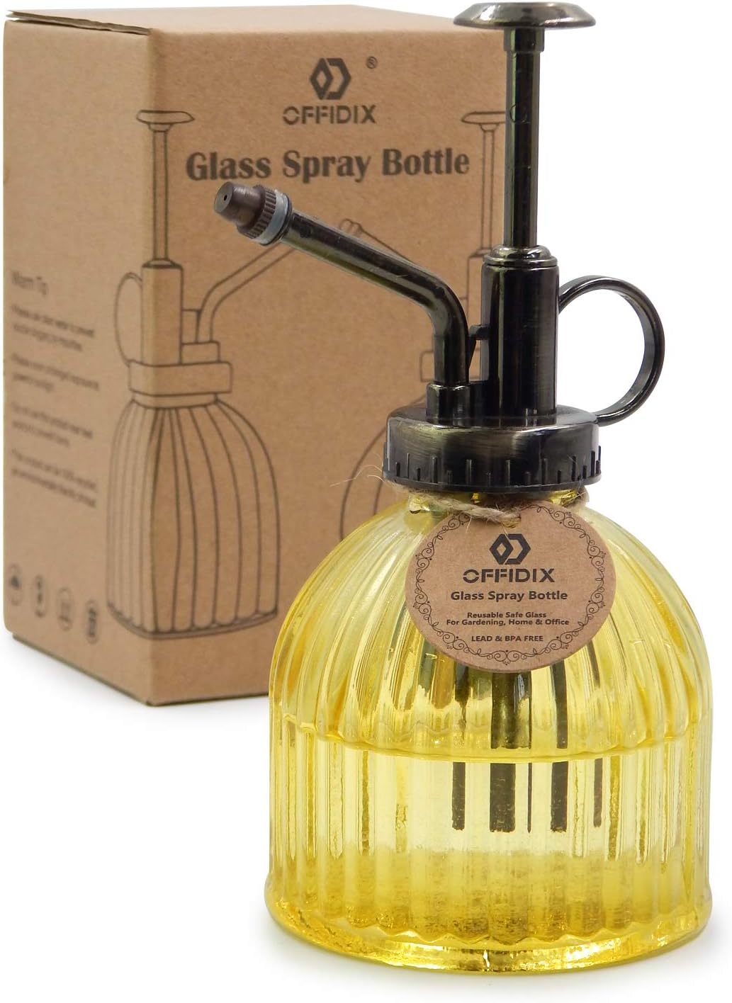 OFFIDIX Glass Watering Spray Bottle, 6.3" Tall Vintage Style Decorative Plant Atomizer Watering Can Pot with Bronze Plastic Top Pump for Indoor Potted Plants(Yellow)