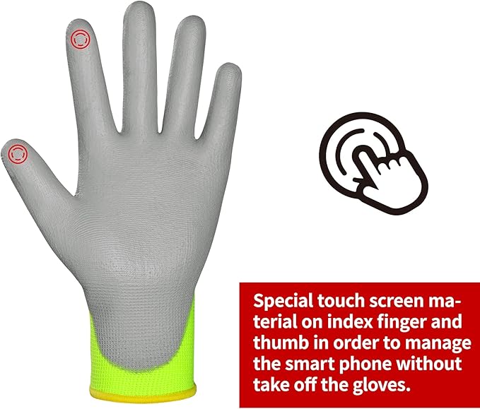 DULFINE Safety Work Gloves PU Coated for Men and Women-12 Pairs,Hi-Vis Seamless Knit Glove with Two Fingers Touchscreen,Ideal for General Duty Work (Medium)