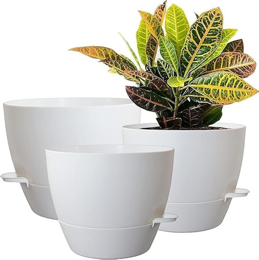 10/9/8 inch Self Watering Pots, Set of 3 Plastic Planters with Mesh Drainage Holes and Deep Reservoir for Indoor Outdoor Garden Plants and Flowers, White