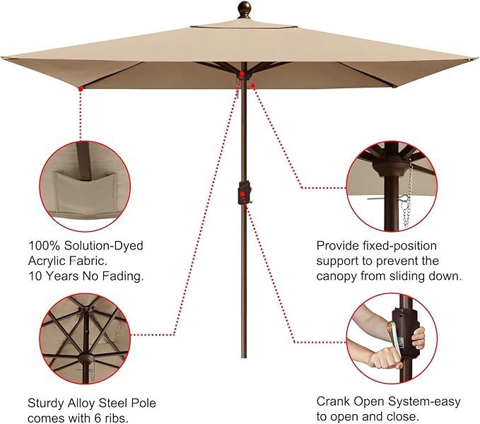 EliteShade USA 10-Year-Non-Fading 6.5x10Ft Rectangular Market Umbrella Patio Umbrella Outdoor Table Umbrella with Ventilation（Hrather Beige）