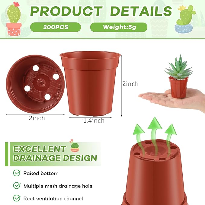 Yaomiao 200 Pcs 2 Inch Red Mini Plastic Plant Pot Nursery Seedling Pots Seed Starter with Drainage Holes for Indoor Outdoor Garden Succulent Plants Cuttings Transplanting