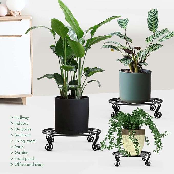 Yimobra Metal Plant Stand for Flower Pot 4 Pack Heavy Duty Potted Holder Indoor Outdoor Rustproof Iron Garden Container Round Supports Rack for Planter (4PC Black 10.24 x 2.36 IN)