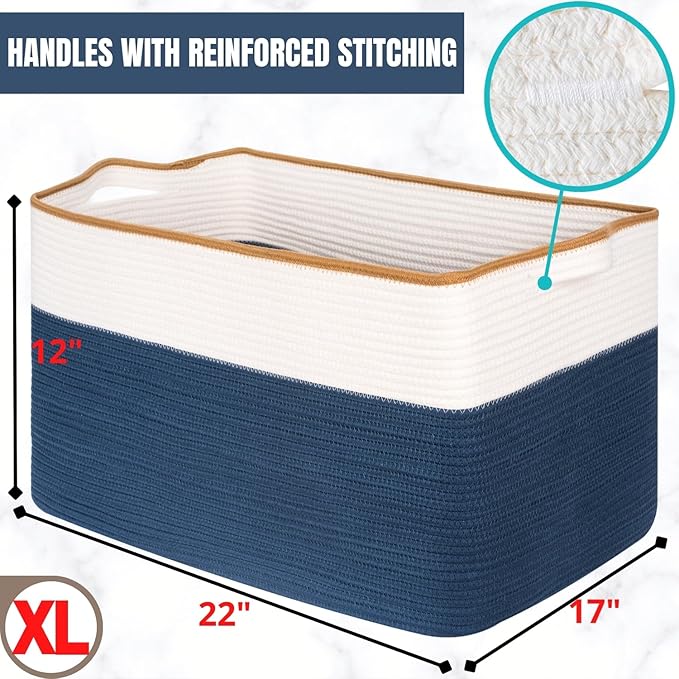 MINTWOOD Design 22in Extra Large Blanket Basket Holder Living Room, Rectangle Rope Woven Storage Basket with Handles for Laundry, Pool Towels, and Shoes, Dog Toy Organizer Bin Box, Prussian Blue