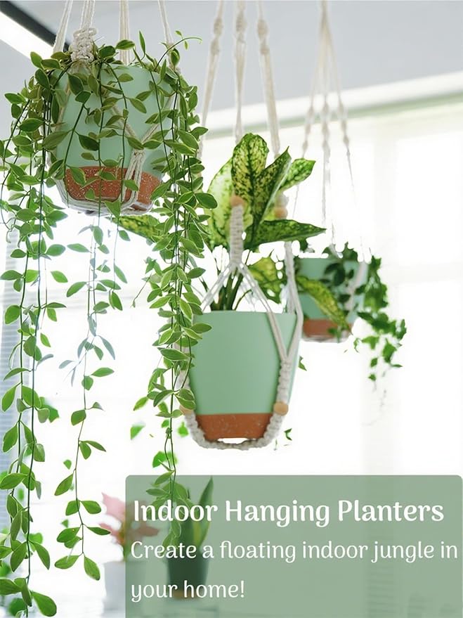 Self Watering Hanging Planters for Indoor Plants 3 Pack Macrame Plant Hangers with Drainage Holes Pots and Hooks for Home Garden Decor Green