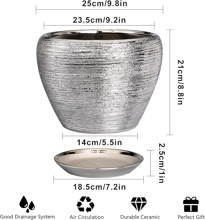 Flower Pot - 10 Inch Planter with Drainage Hole and Saucer - Indoor/Outdoor Decorative Mid-Century Planter - Silver