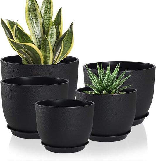 Plant Pots 10/9/8/7.5/7 inch Set of 5,Flower Pots with Multi Mesh Drainage Holes, Large Planters for Indoor Outdoor Garden Plants and Flowers. (Black)