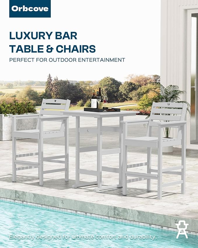 5-Piece Bar Height Patio Table and Chairs Set, HDPE Wood Grain Outdoor Bar Table and Chairs with Heart Cutout Design, Weather-Resistant Bar Height Furniture for Deck, Porch, Pool (White)