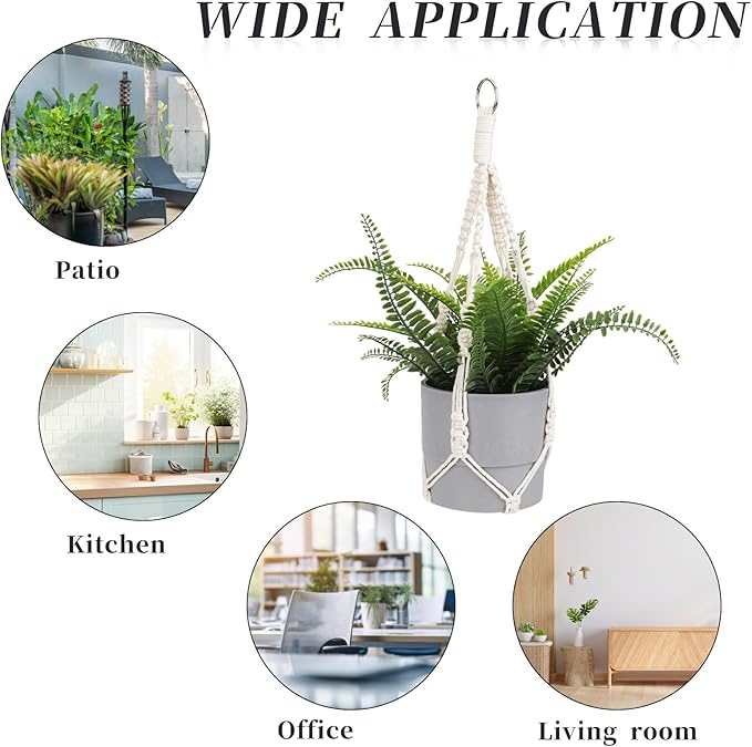 Macrame Plant Hanger, 2 Pack Boho Hanging Planters Baskets for Indoor Plants Decorative Braided Cotton Rope Flower Pot Holder with Metal Hook Rings for Outdoor Home Decor, No Tassels, Ivory, 20 Inchs