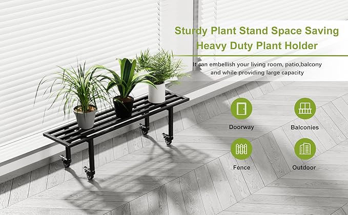 Zhongma One Tier Metal Plant Stand with Wheels,(35.43 L x 8.66 W x 10.3 H) Heavy Duty Plant Holder for Home, Window,Garden, Plant Lovers, Display Stand