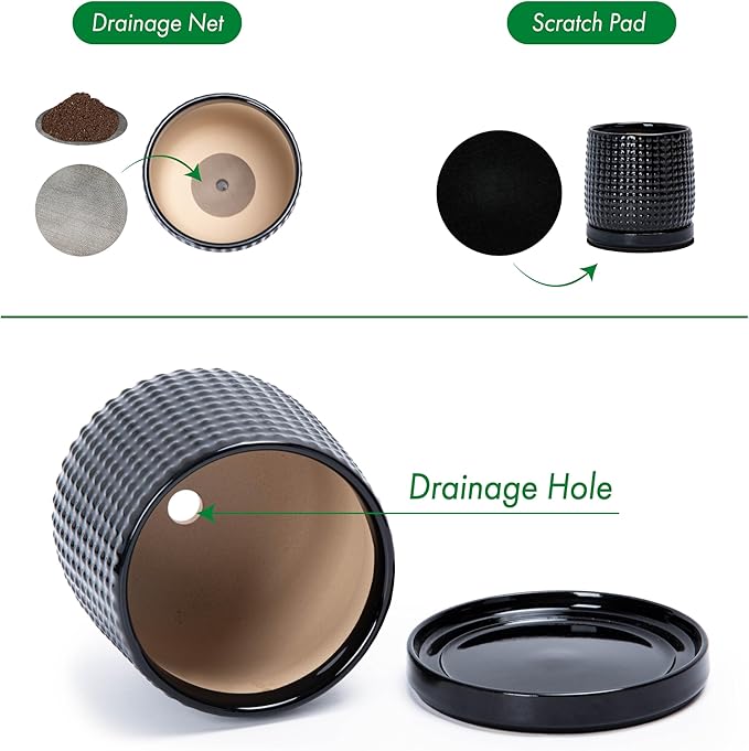 D'vine Dev Set of 2 Ceramic Plants Pots, 4 Inch Beaded Stoneware Flower Pot for Plants with Drainage Hole and Saucer, Glossy Black, 27-E-Z-2