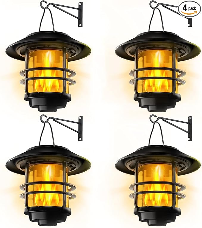 Otdair Solar Wall Lantern Outdoor, Flickering Flames Solar Sconce Lights Outdoor, Hanging Solar Lamps Wall Mount for Front Porch, Patio and Yard, 4 Pack